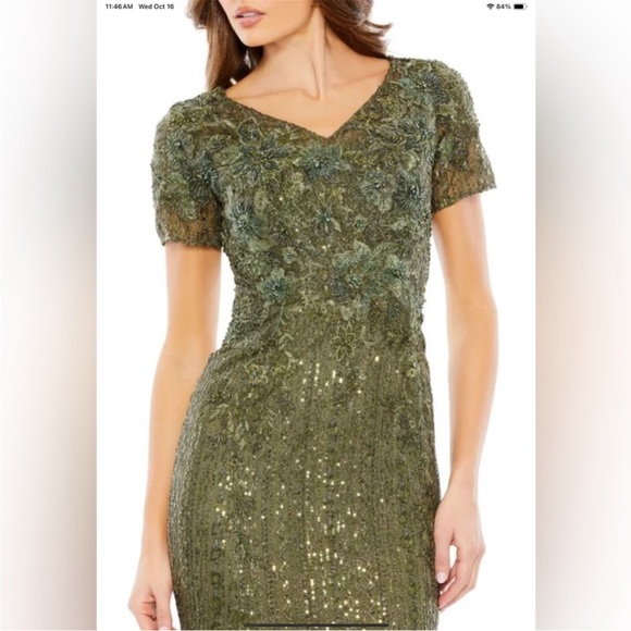 Mac Duggal 20282 Short Sleeve Embroidered Dress Gown Olive Sz 4 $798 - Picture 2 of 15